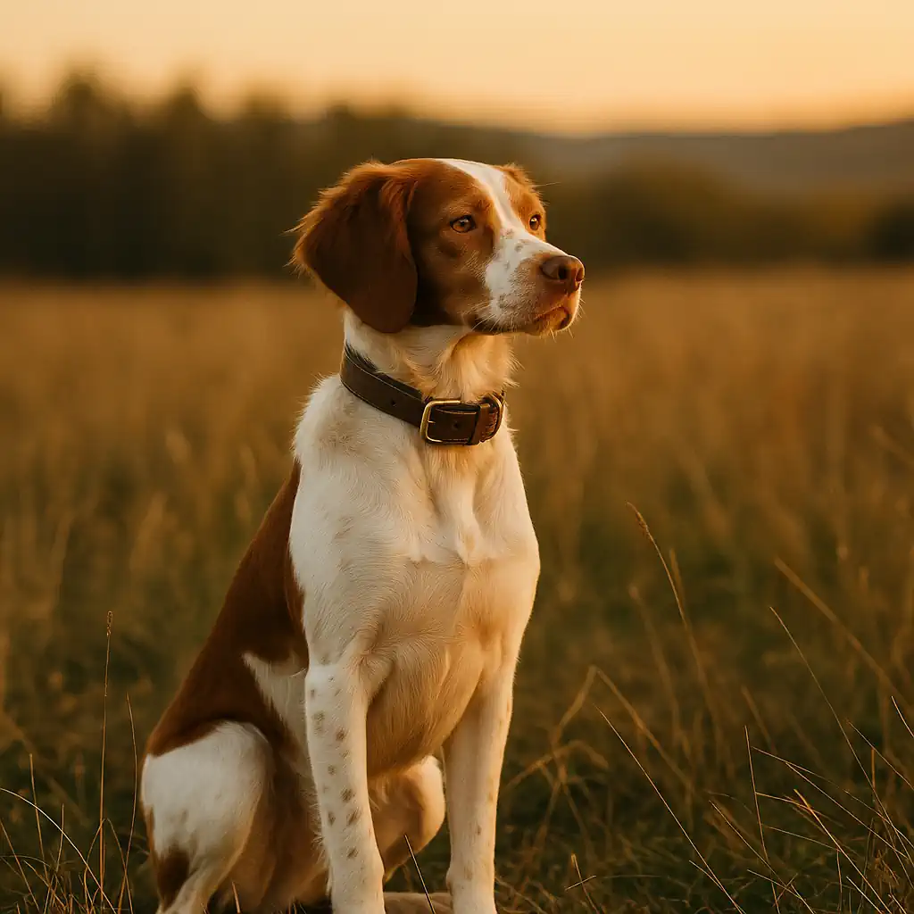 Brittany sitting calmly during training at golden hour