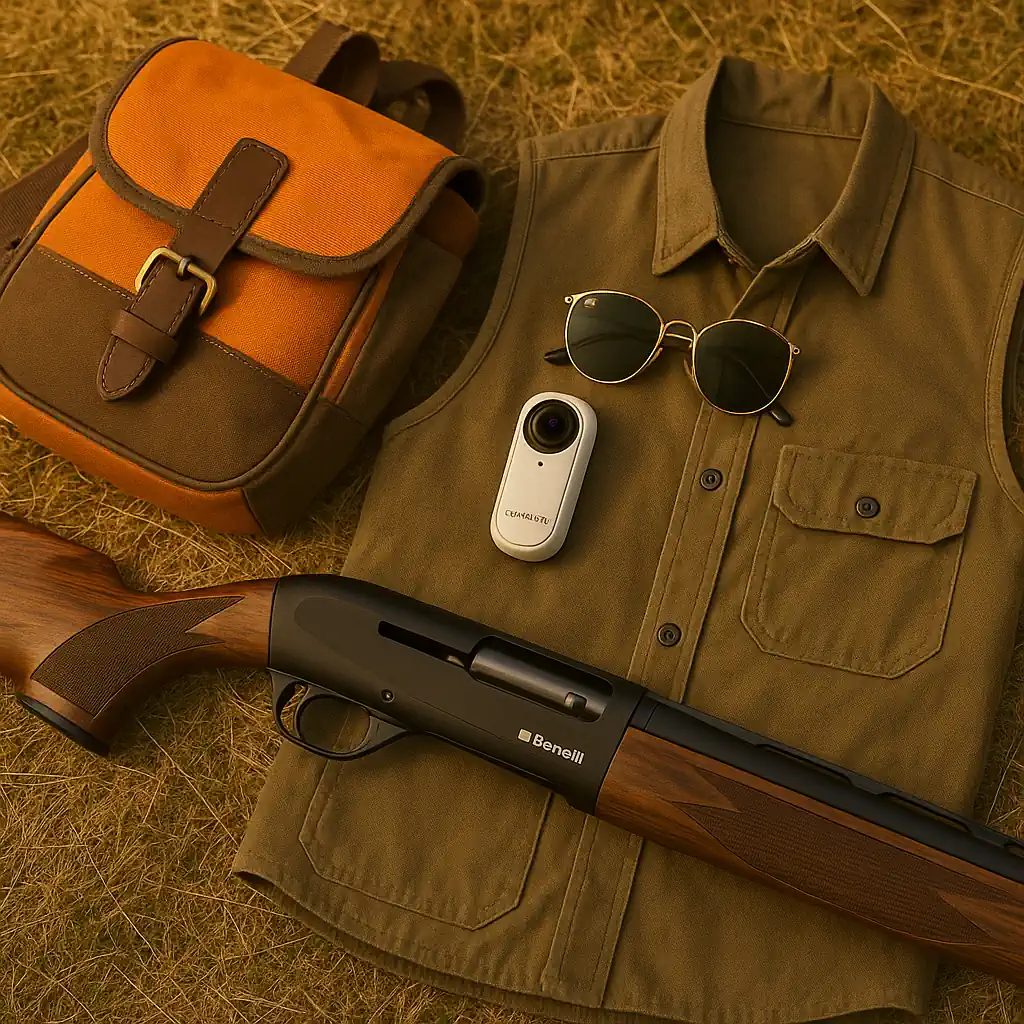 Shotgun, hunting vest, and field kit laid on grass