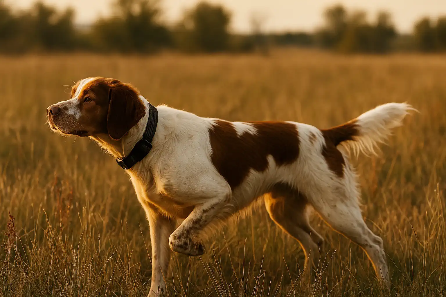 Brittany pointing in a golden field at golden hour