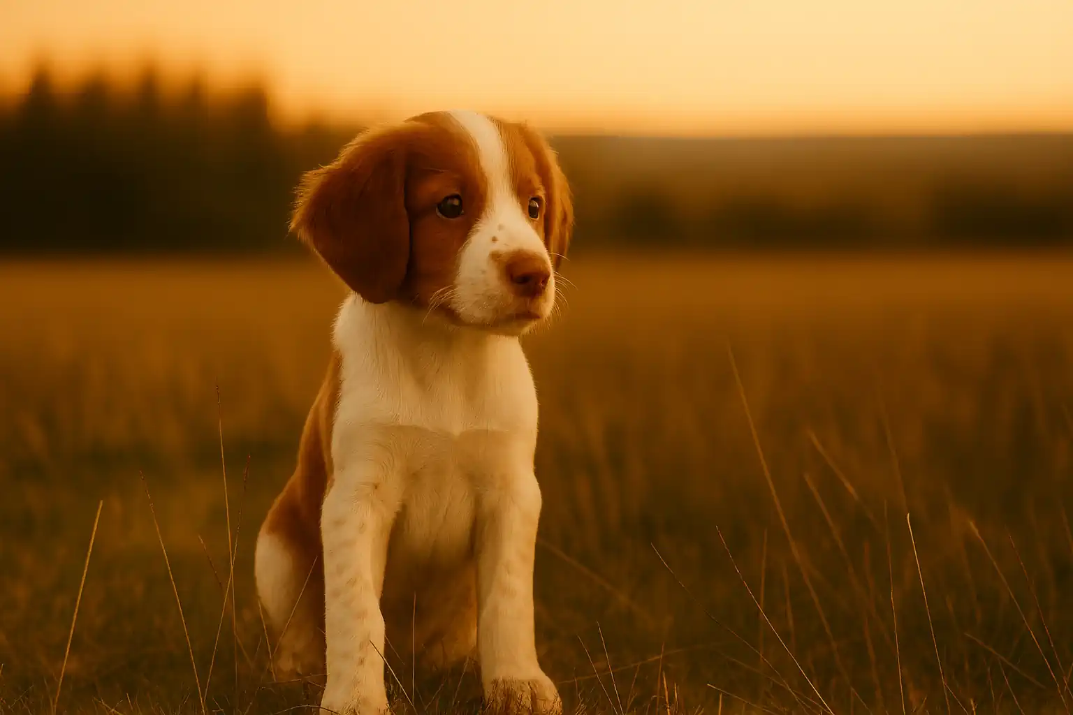 Young bird dog puppy beside trainer
