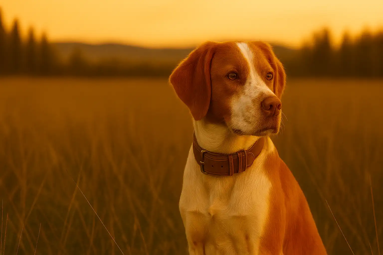 Mature Brittany working a field with handler in background