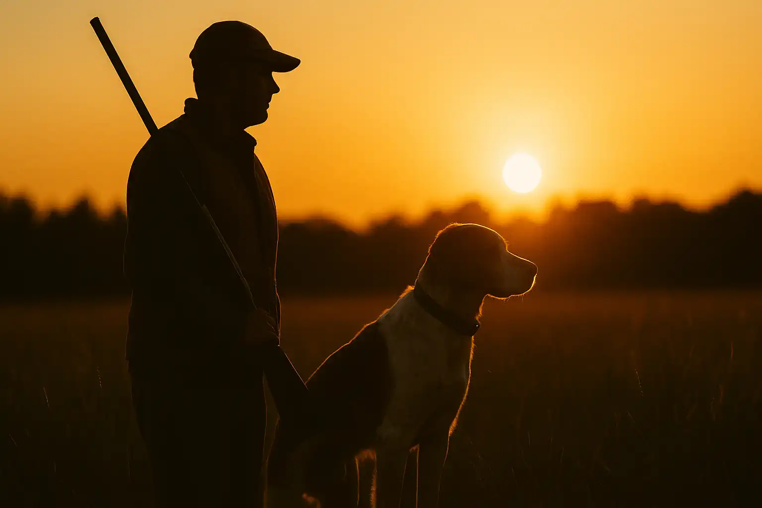 Hunter and bird dog at sunset in an upland field