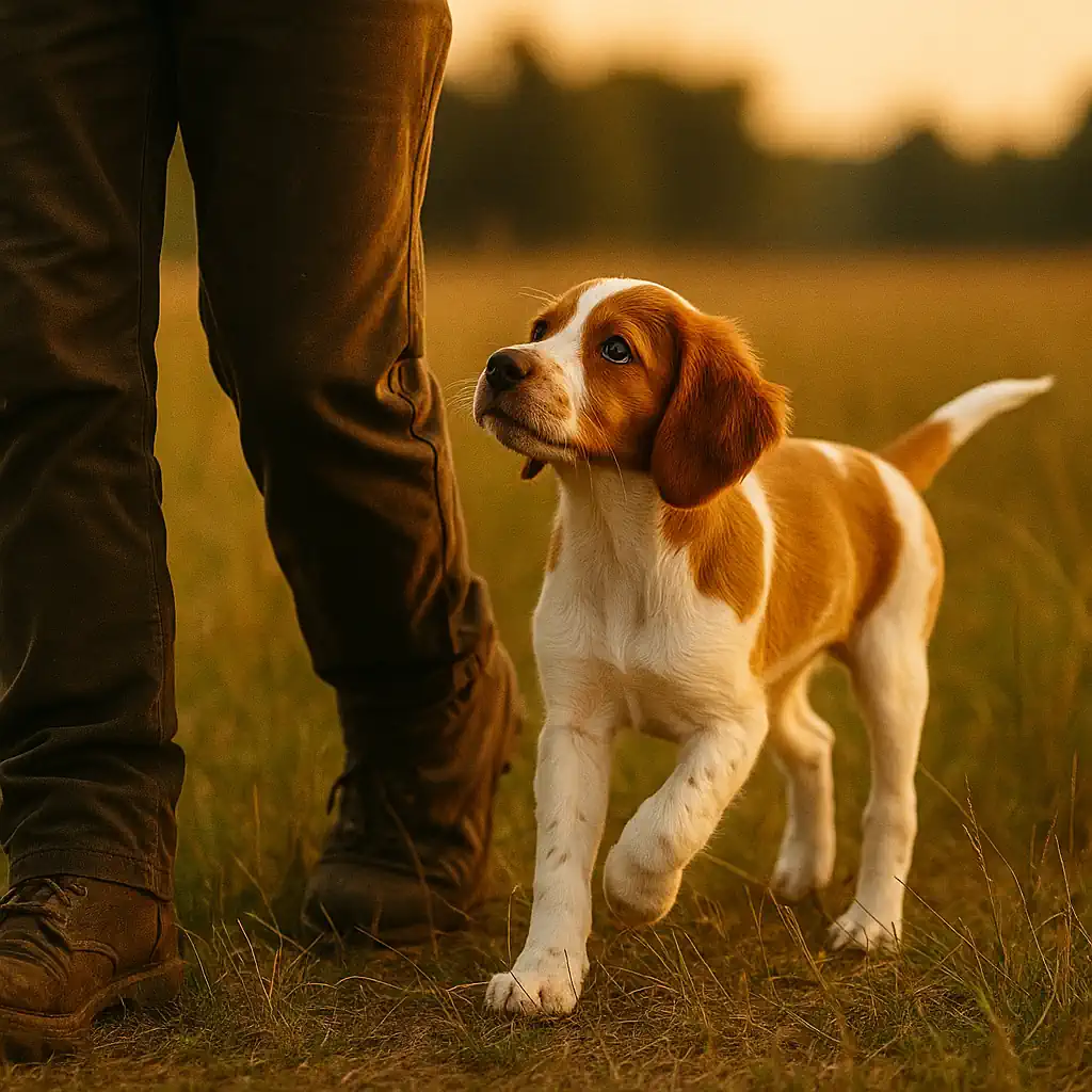 Young bird dog puppy beside trainer