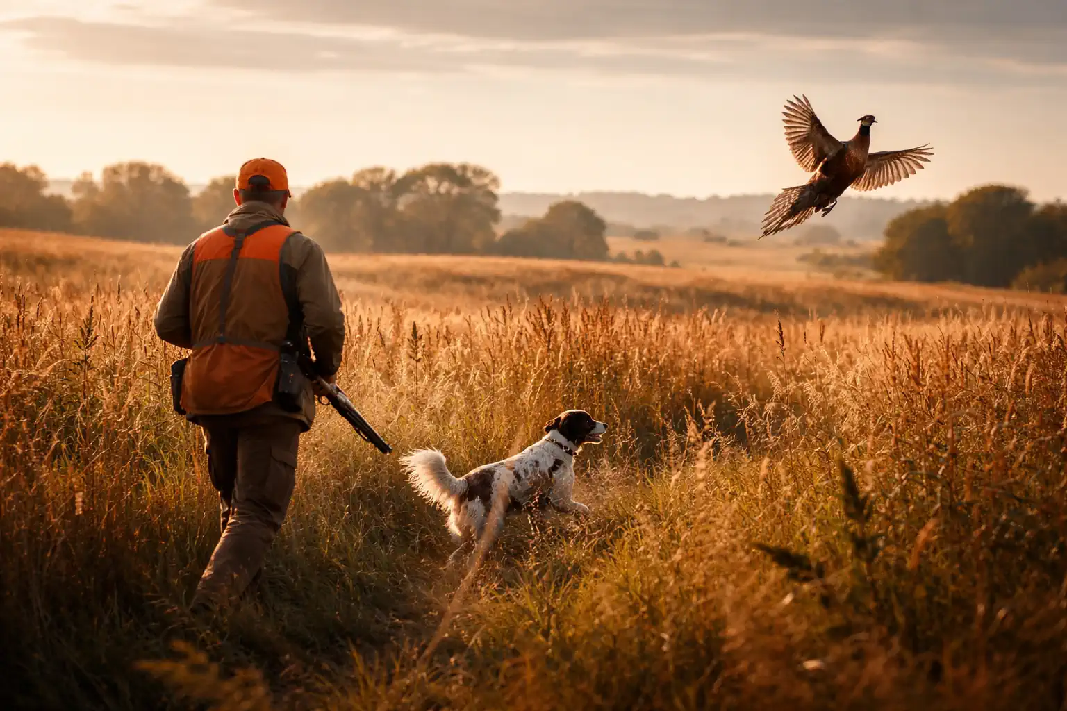 Hunter with dog flushing a pheasant in open upland field