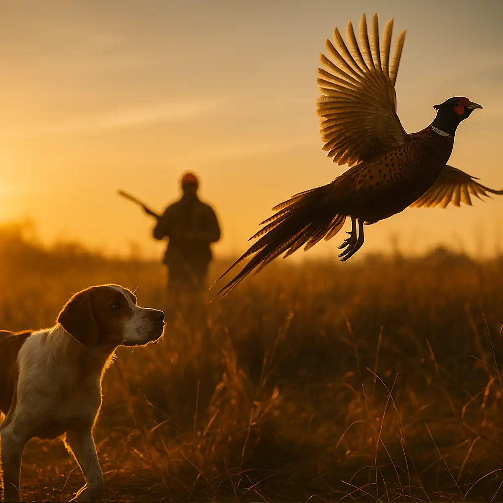 Pheasant flushing in grassland at sunrise with hunter and dog in background