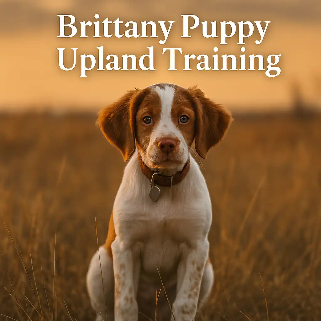 Young Brittany puppy standing alert in tall grass during golden hour