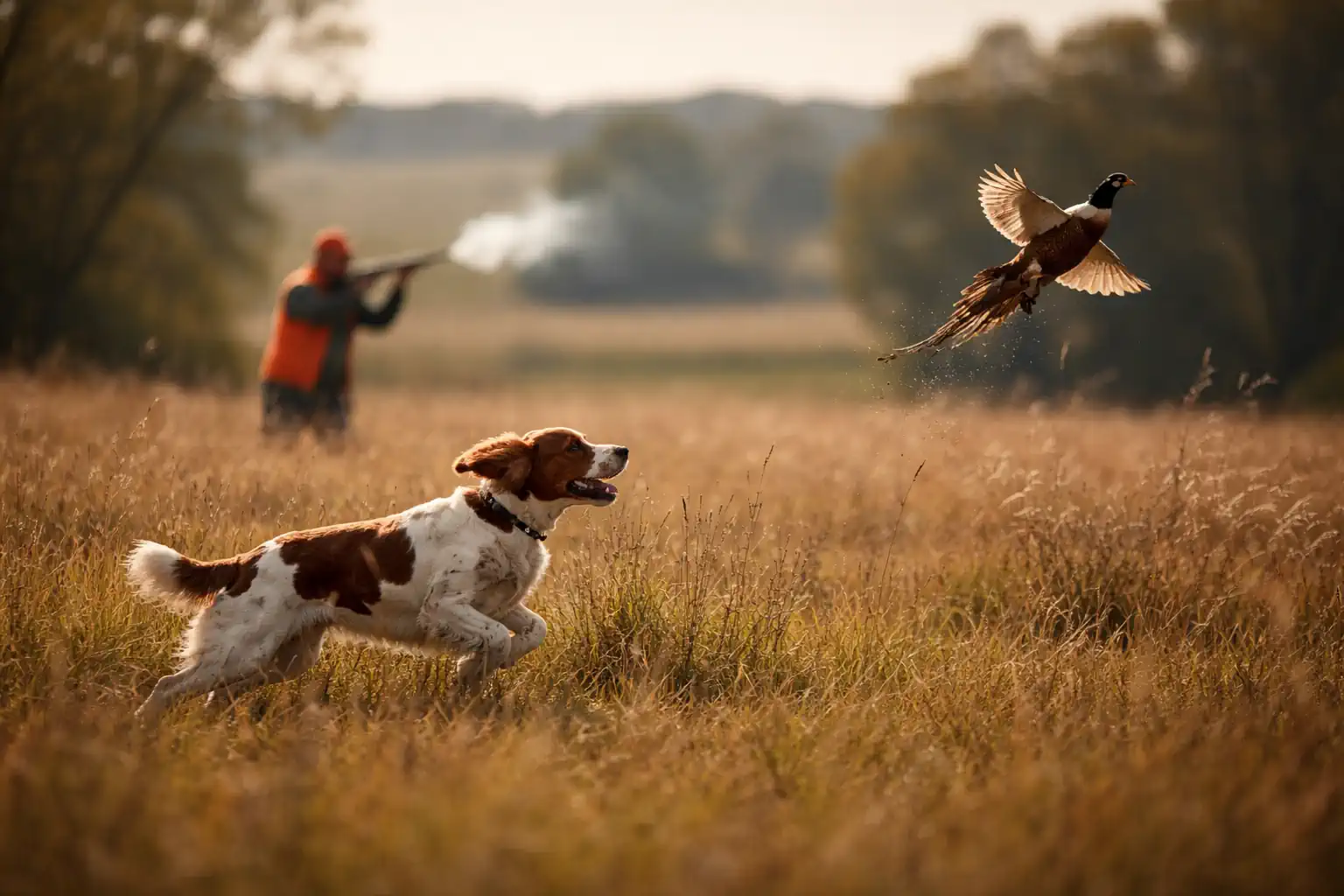Bird dog confidently working in the field during controlled gunfire exposure