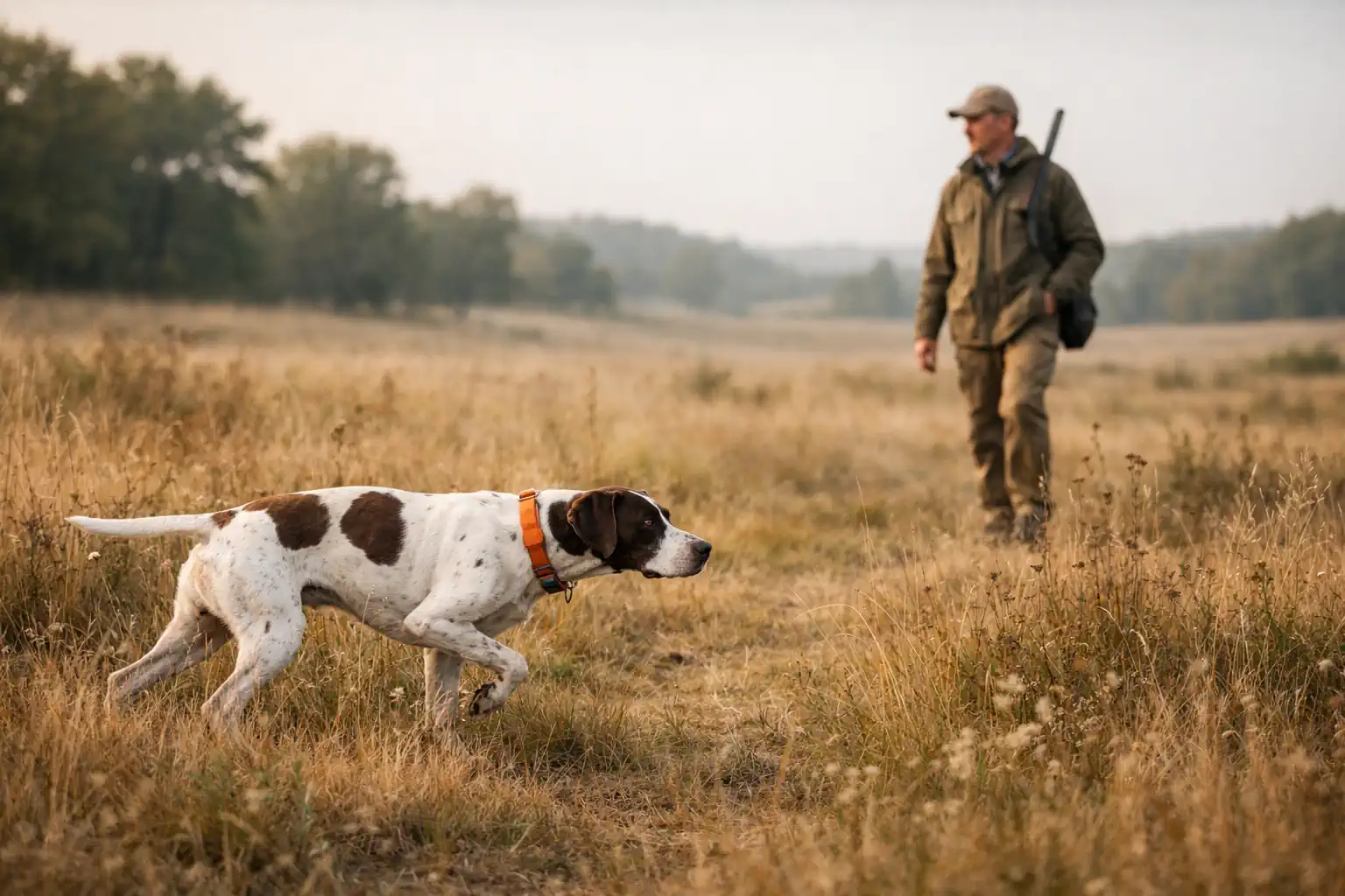 Pointing dog moving through open upland cover during a pre-season conditioning session