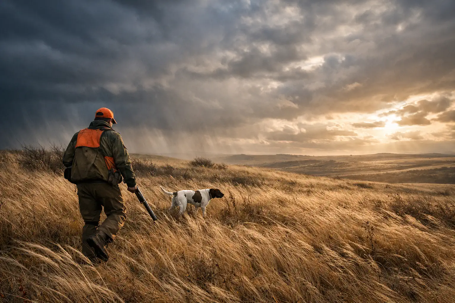 Pheasant hunting in varied weather across open upland fields