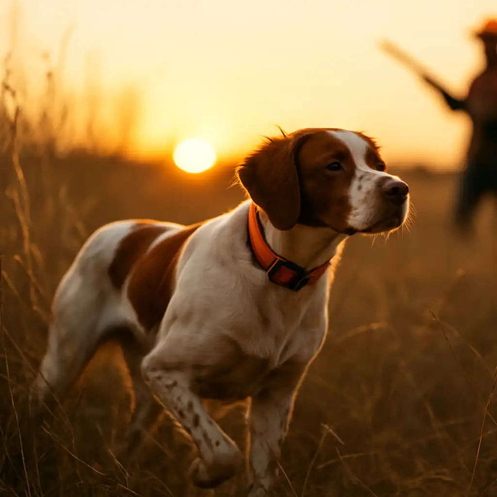Hunter and bird dog working quail habitat at sunrise