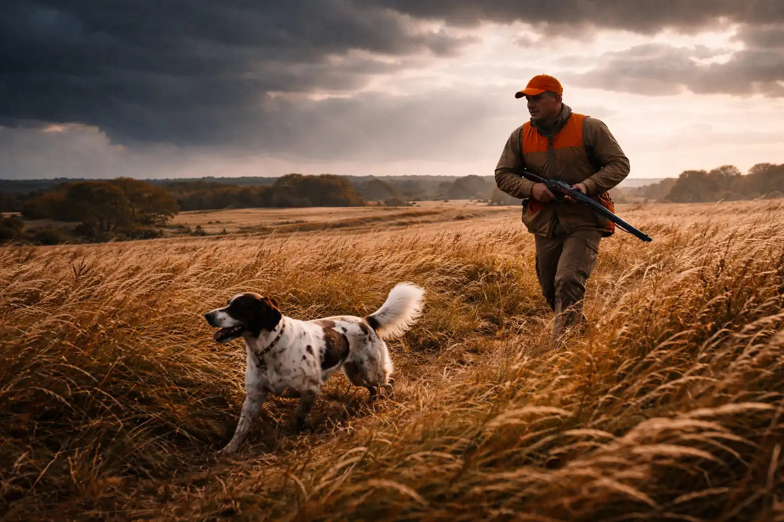 Quail hunting scene with hunter and pointing dog in open upland field