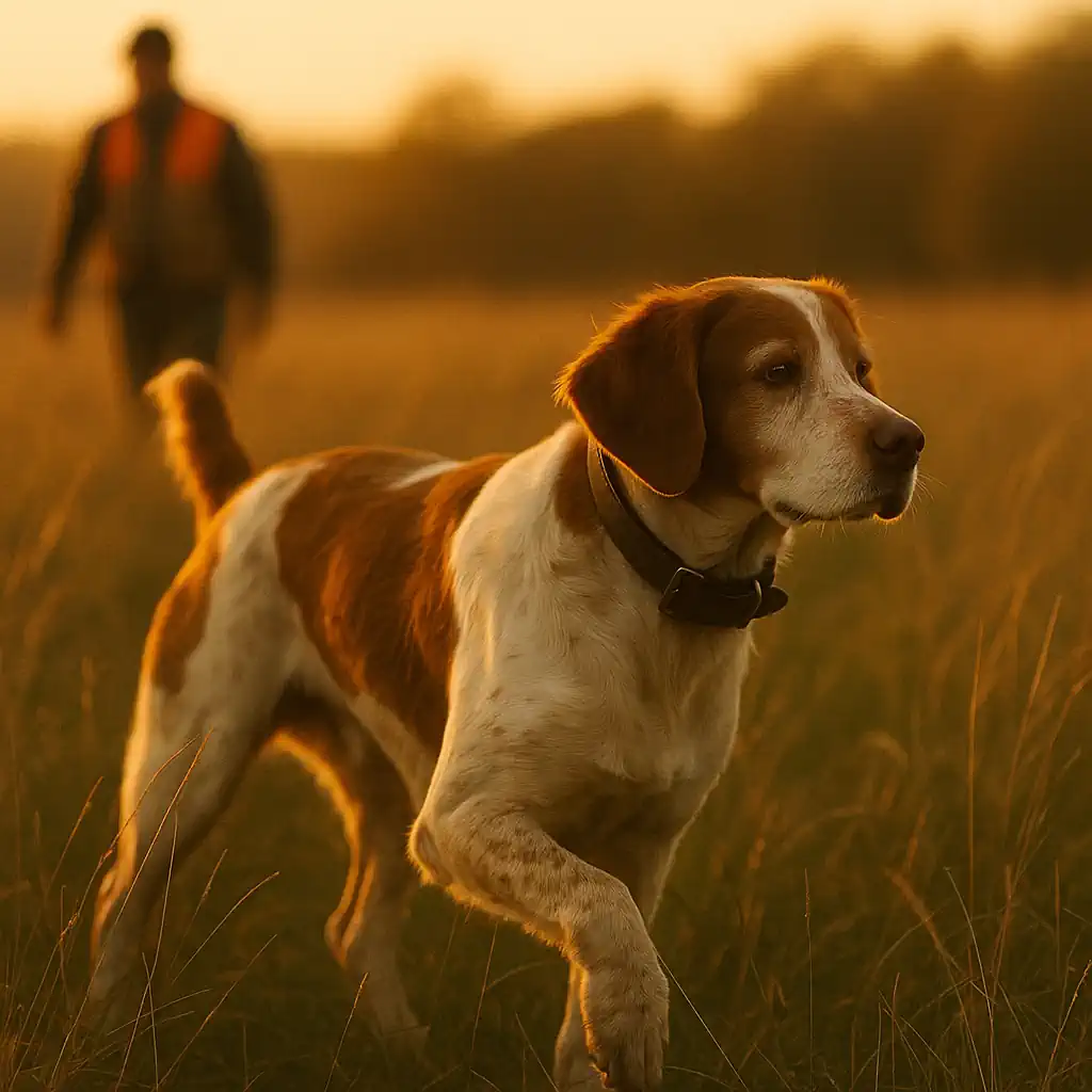 Mature Brittany working a field with handler in background